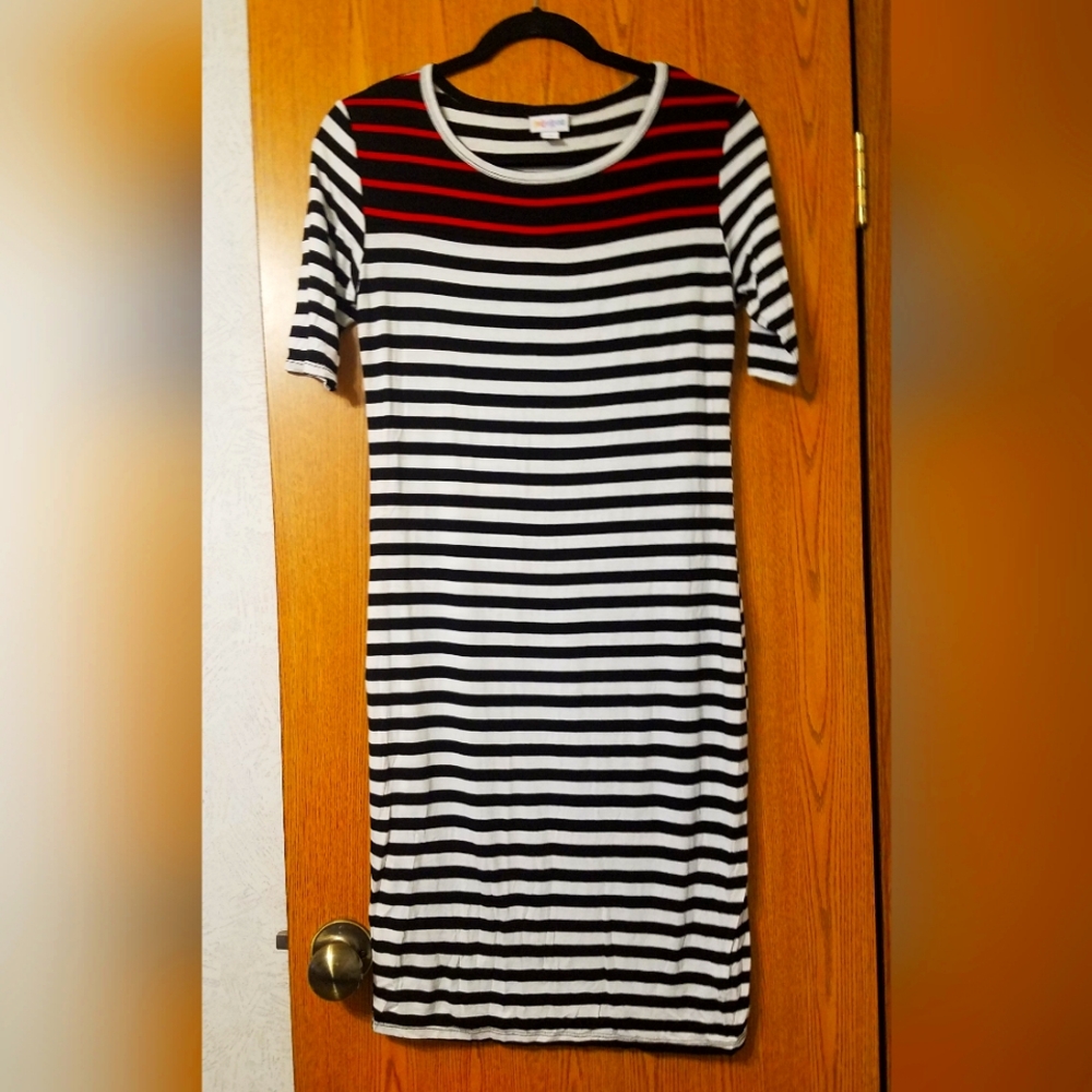 Lularoe Striped Black and White Dress with Red Accents Small